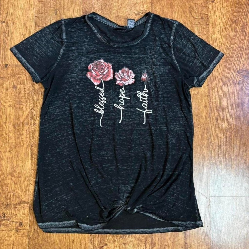 See thru black and rose graphic t shirt w/ "blessed hope faith" text. flaw